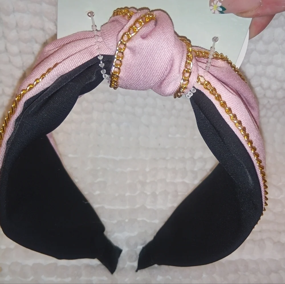 Stylish Denim/ Pink Wide Knot Headband with Gold Chain